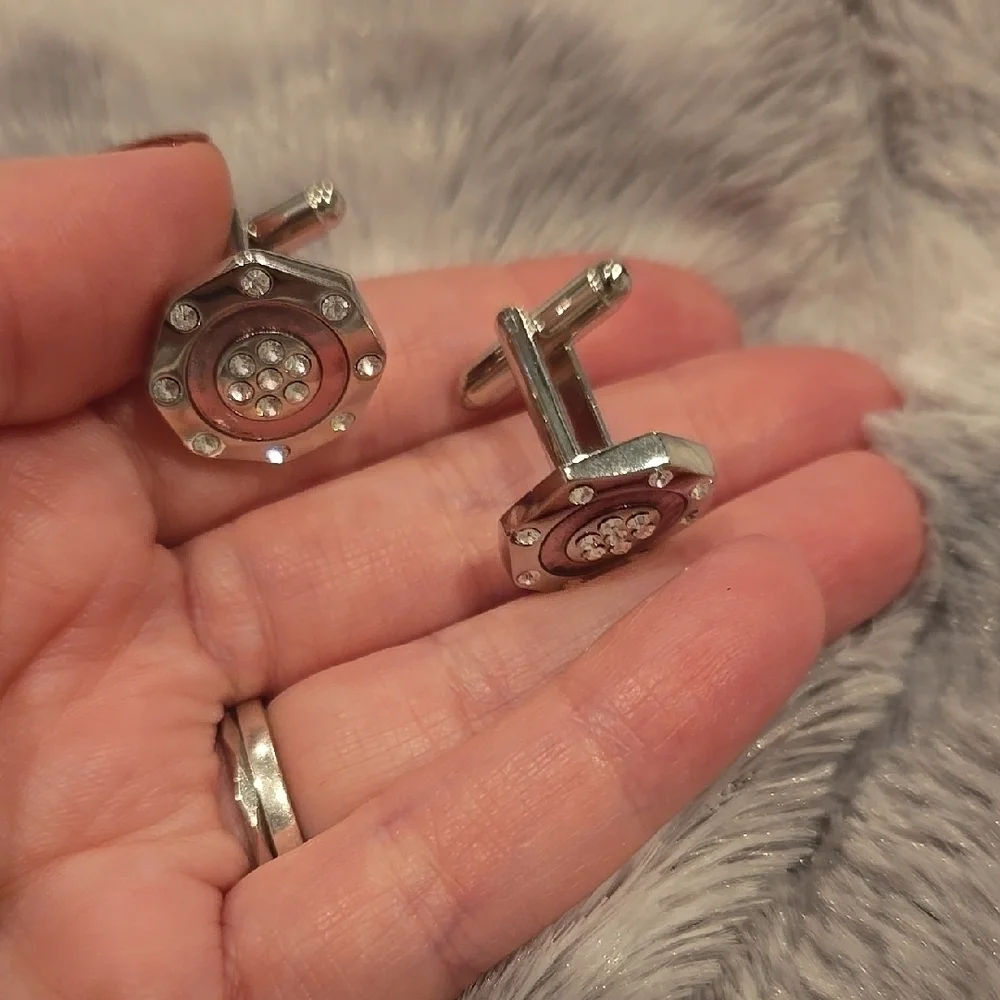Stainless Steel Silver and Pink Cuff Links with Cubic Zirconia Brand New In Box
